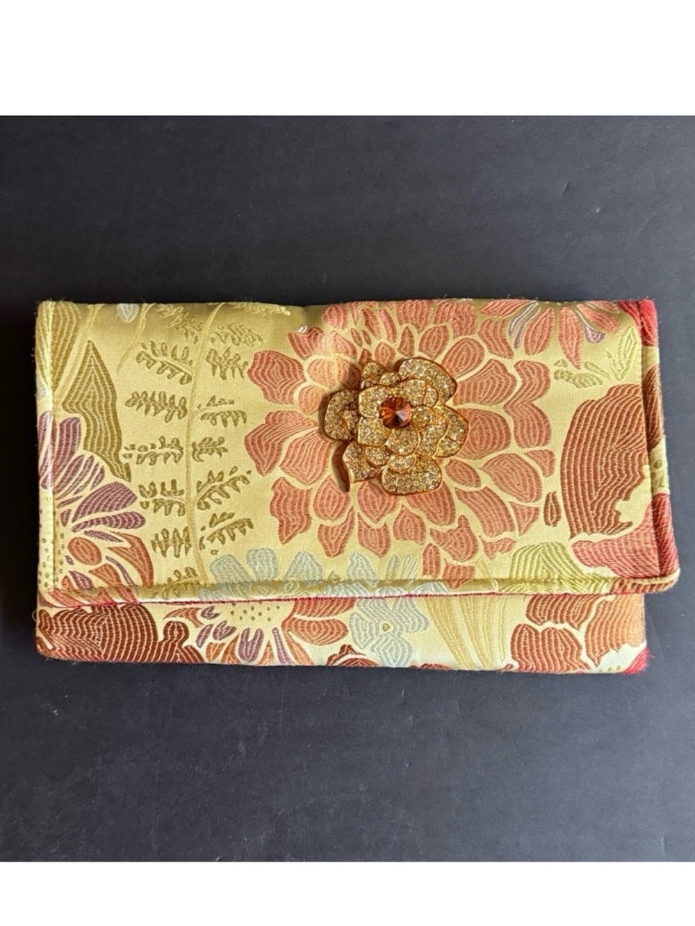 Vtg Sew Few-Handmade Gold clutch with beautiful floral 3D brooch.Magnet closure.